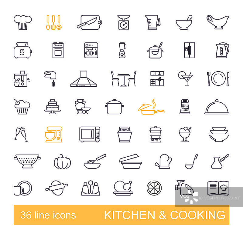 厨房和烹饪图标设置，平面设计，细线风格图片素材