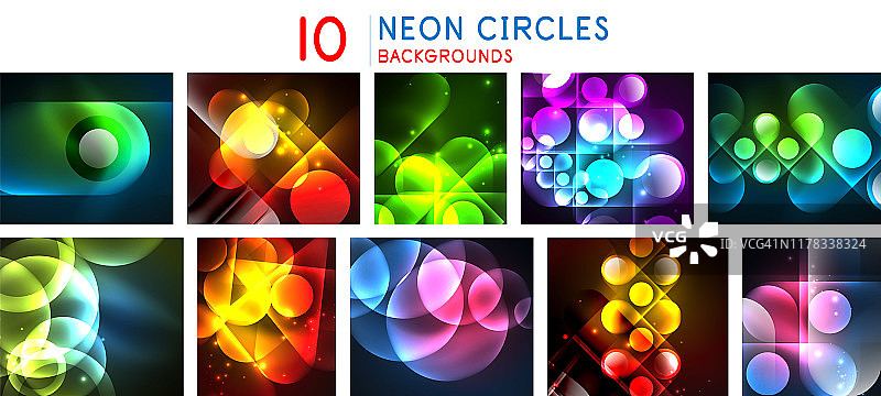 一组灯光霓虹灯圆圈背景，明亮的横幅与闪亮的圆形形状和电子效果图片素材