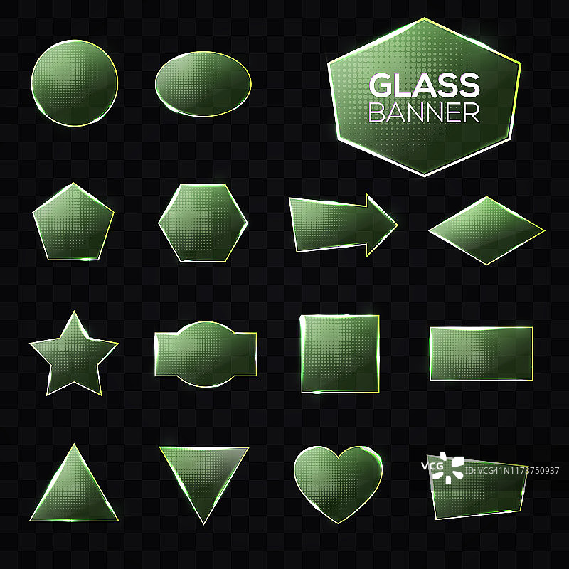玻璃板块集。绿色三角形正方形矩形六角形五角形，星形，心形，圆形纹理框架与发光和光在透明的背景。技术的形状。现实的矢量图。图片素材