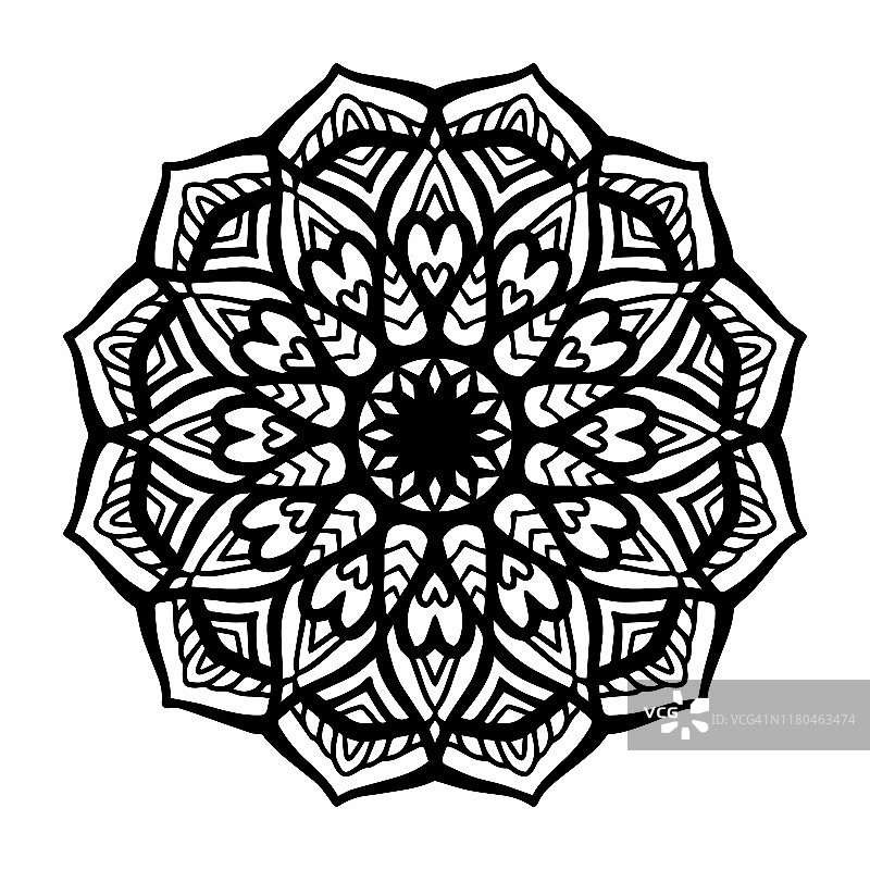 圆形的黑色曼荼罗在白色孤立的背景上。矢量波西米亚曼荼罗与花卉和心形图案。抗压力疗法，装饰圆形装饰。手绘背景图片素材