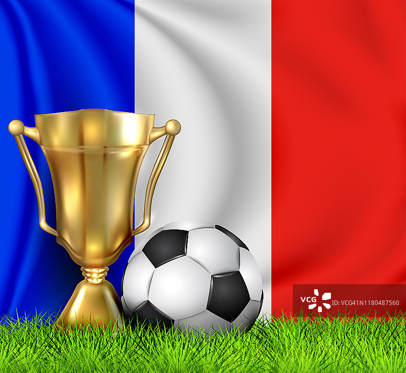金色现实赢家奖杯和足球孤立在法国国旗上。国家队是足球的赢家。金杯形式的奖杯得主。运动设计的背景。图片素材