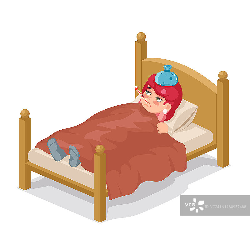 躺在床上生病的女人生病感冒流感疾病病毒等角的卡通女性人物设计矢量插图图片素材