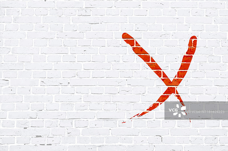 一个大的红色十字或X标记在白色砖图案墙纹理垃圾背景水平矢量插图图片素材
