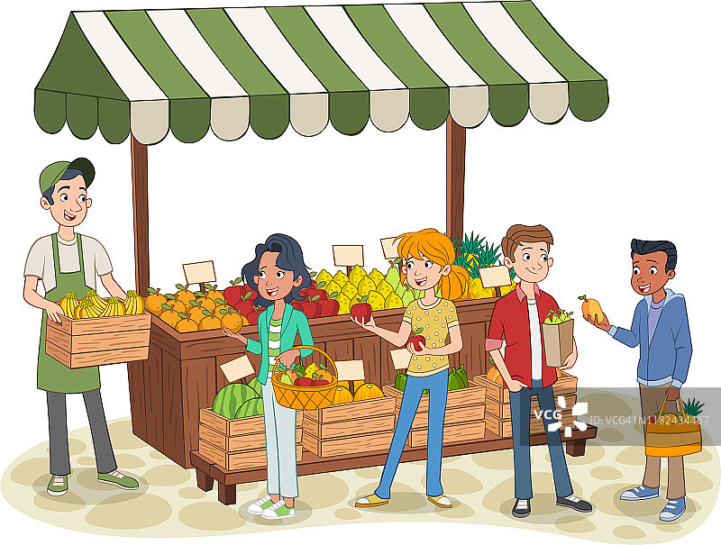 一群卡通少年在街边买水果。图片素材