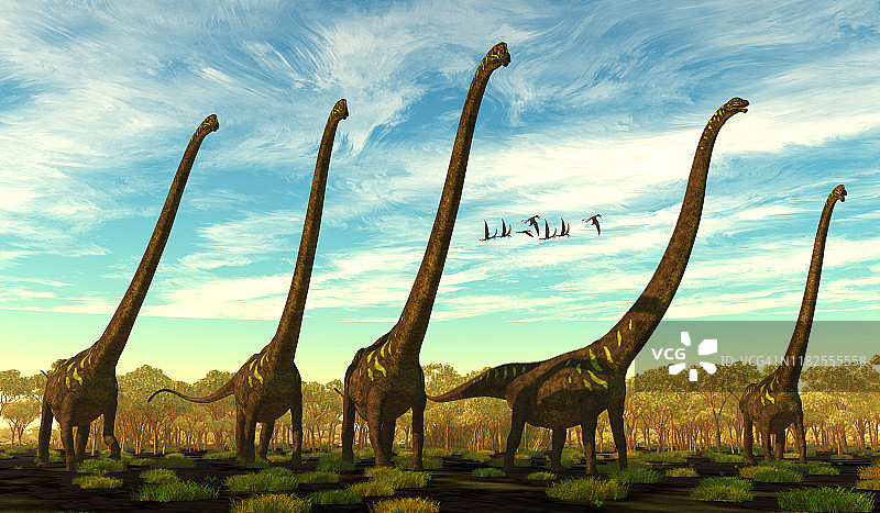 马门奇龙年轻的恐龙群图片素材