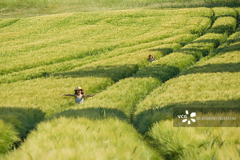 无忧无虑的姑娘们在阳光明媚、田园诗般的绿色农村麦田里奔跑图片素材
