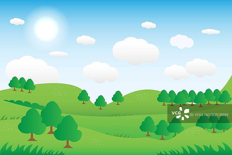 华丽的观点。矢量插图的绿色山丘景观与全景山和云天空。图片素材
