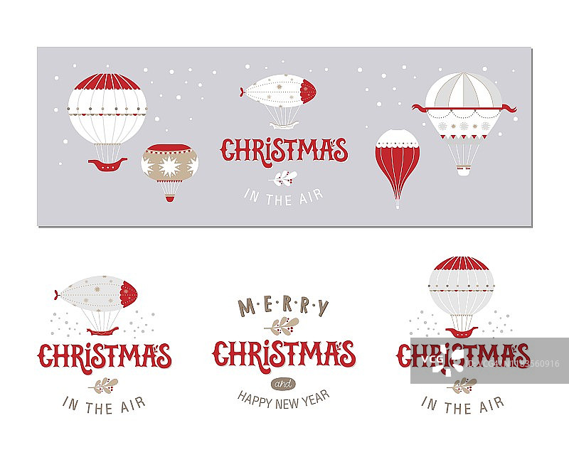一套海报或明信片，标志，标志圣诞快乐和新年与节日装饰，气球图片素材