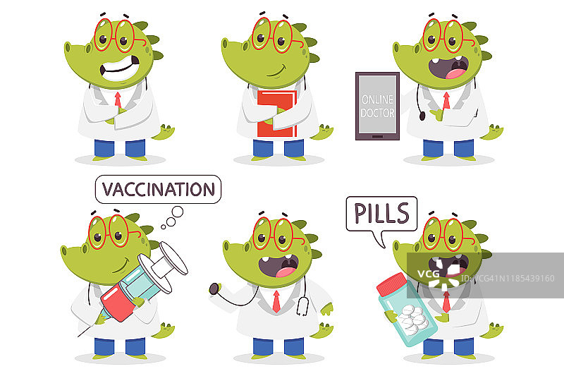 儿童医生鳄鱼矢量卡通有趣的医疗人物设置孤立的白色背景。图片素材