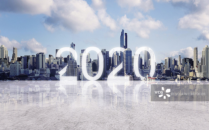城市的2020年新年。混凝土地板的曼谷全景城市图片素材
