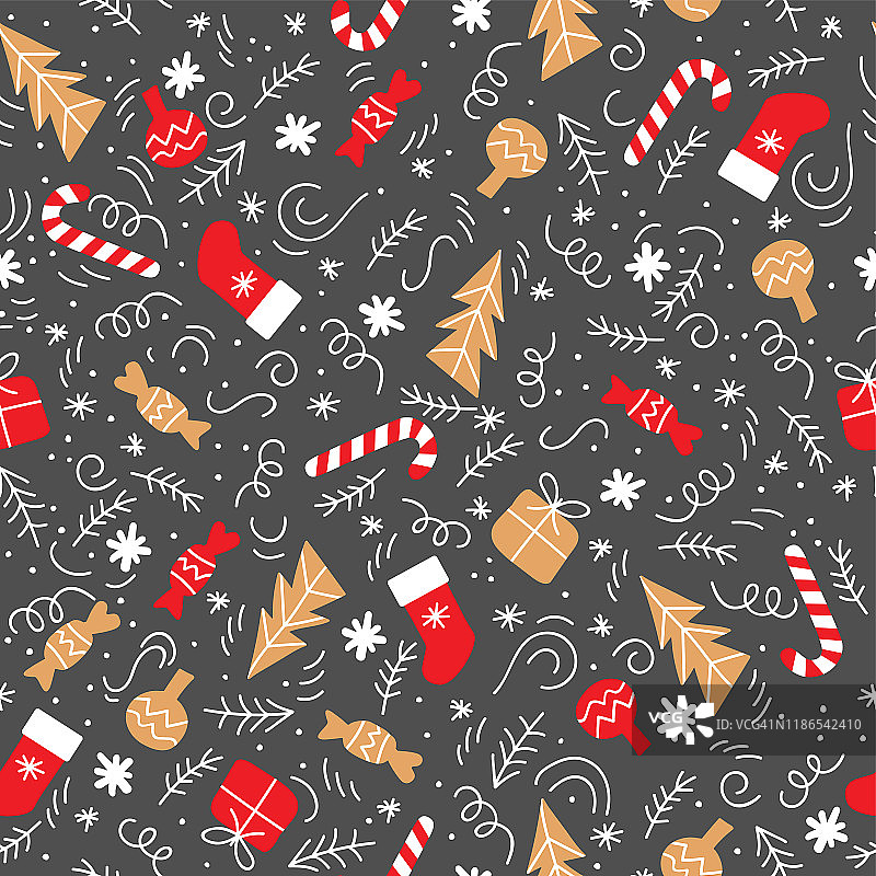 无缝图案有圣诞袜、圣诞树、糖果、雪花。图片素材
