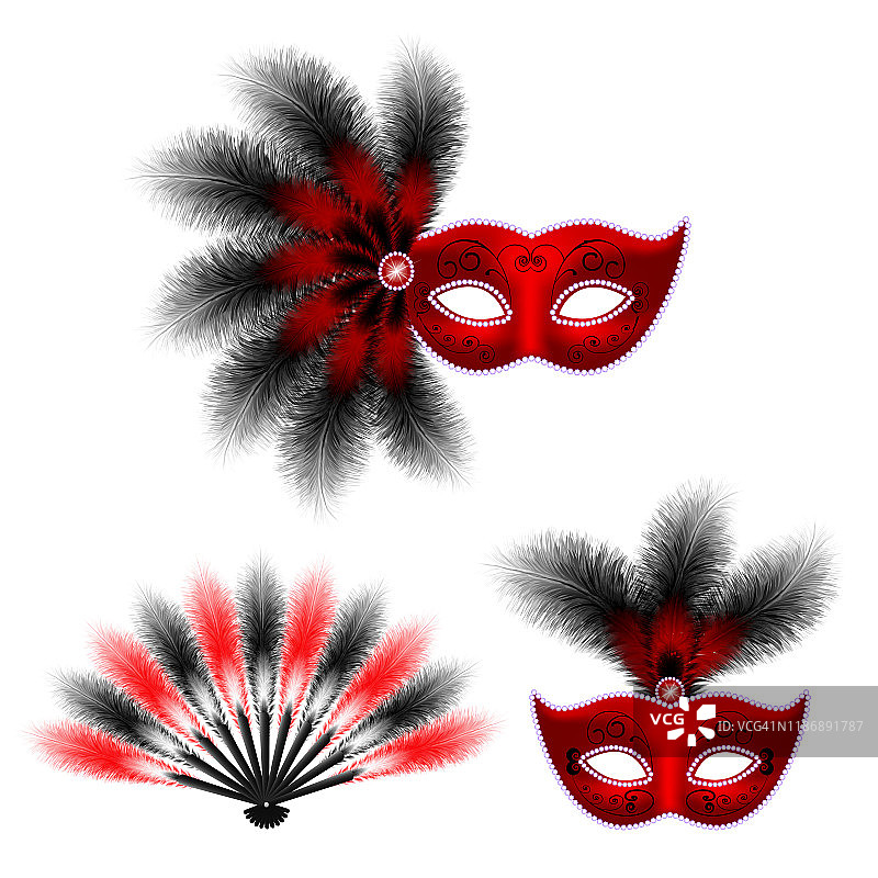 红色狂欢威尼斯面具，假面舞羽毛扇，孤立在白色背景图片素材