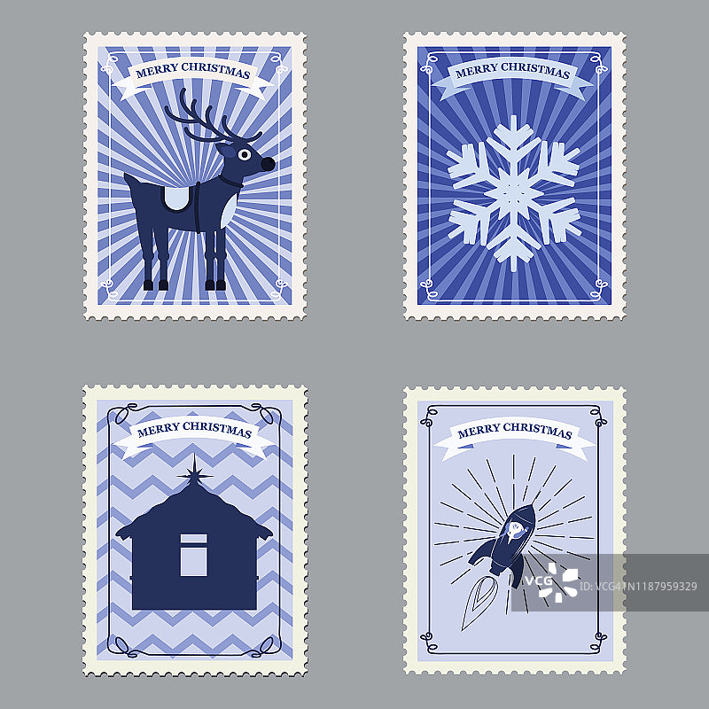 以火箭、鹿和雪花为主题的复古圣诞邮票。矢量插图孤立图片素材