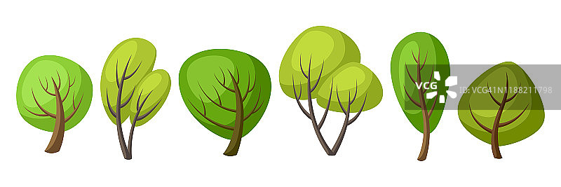 一组春天或夏天抽象程式化的树木。图片素材
