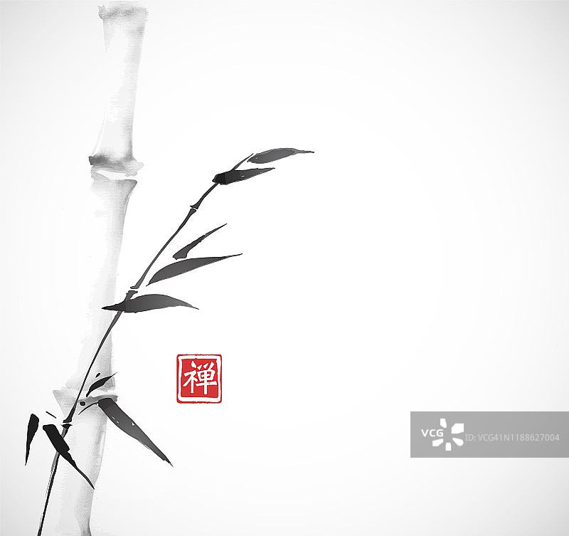 用水墨手绘的竹树，在白色的背景上。传统的东方水墨画粟娥、月仙、围棋。象形文字——禅宗。图片素材