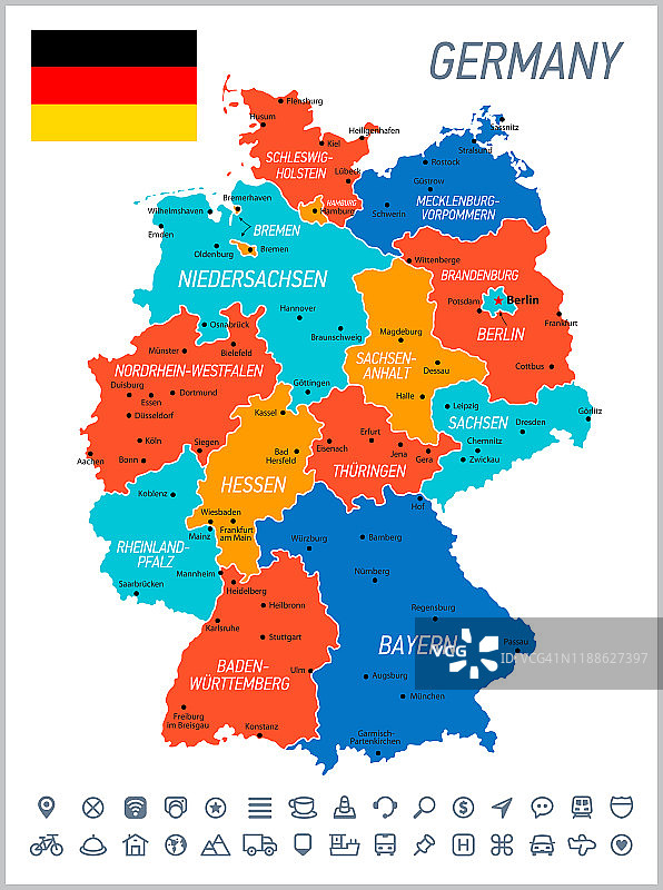 德国地图。矢量地图与边界，国旗和导航图标图片素材