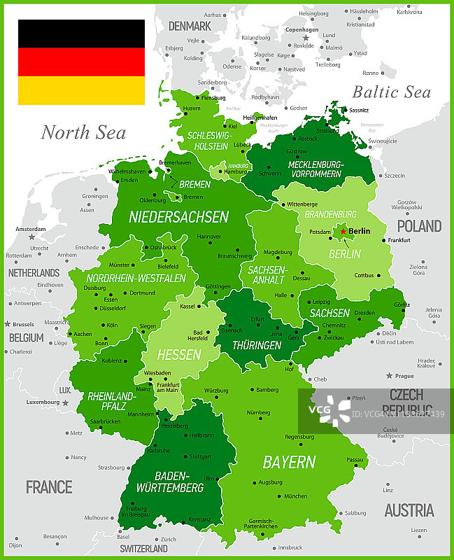 德国绿地图与国旗，省和边界图片素材