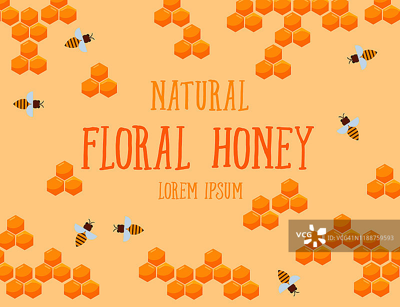 天然花卉蜂蜜海报与蜂巢和蜜蜂，矢量illu图片素材