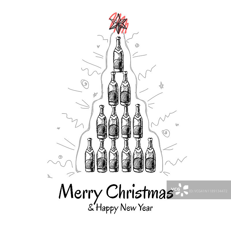 圣诞贺卡与香槟酒瓶金字塔。抽象的圣诞树图片素材