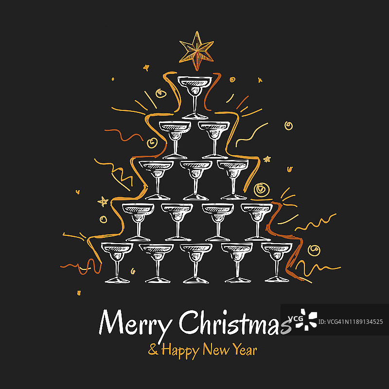 圣诞贺卡与香槟杯金字塔。抽象的圣诞树图片素材