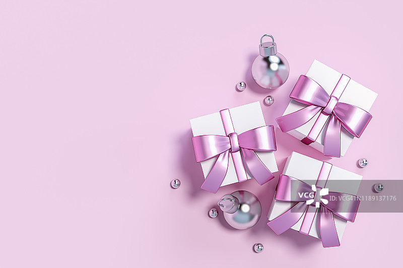 白色礼盒与粉色丝带与金属圣诞球饰品粉彩背景3d渲染。图片素材