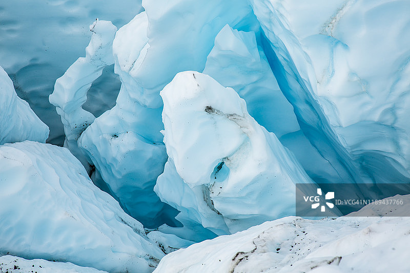 阿拉斯加马塔努斯卡冰川的冰瀑中破碎的裂缝。图片素材