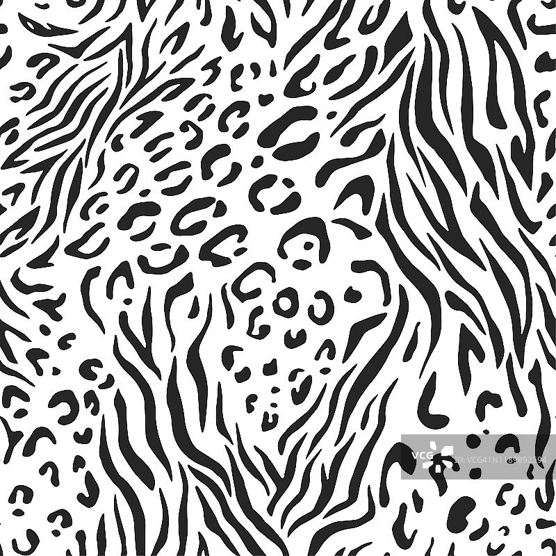 无缝矢量黑白斑马豹毛皮图案。时尚的野生豹纹斑马。动物印花背景为织物，纺织品，封面，包装等10 eps设计。图片素材