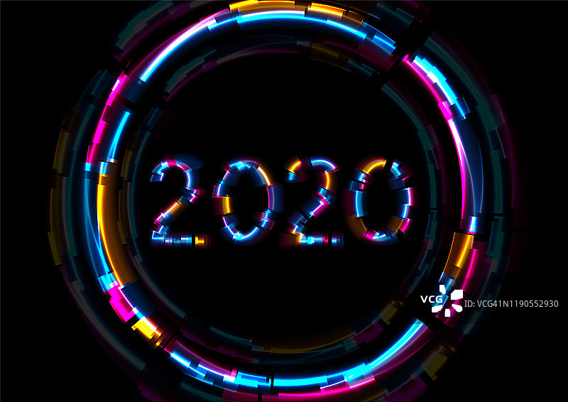 抽象发光霓虹灯2020新年背景与glitch效果图片素材