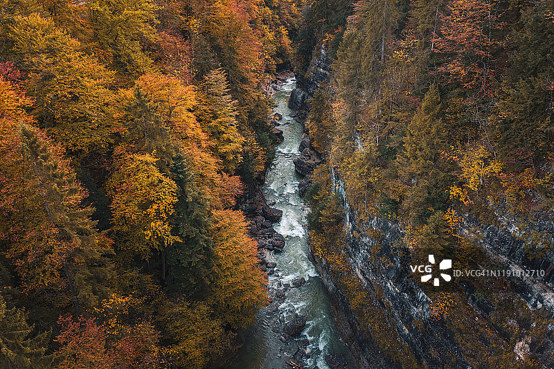 从空中俯瞰流经秋天森林的河流，萨尔茨堡，奥地利图片素材