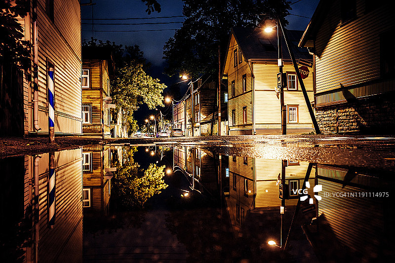街道倒映在水坑里-爱沙尼亚塔林图片素材