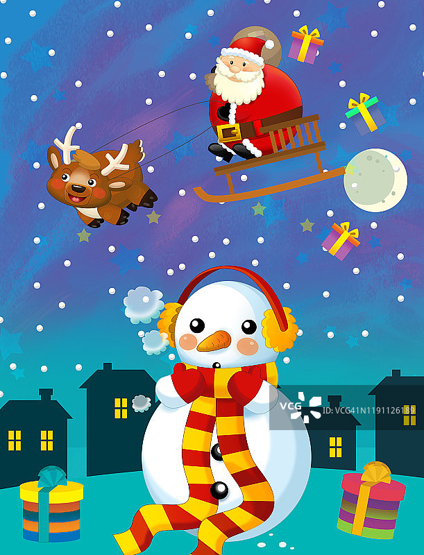 圣诞快乐场景:雪人和圣诞老人正在飞翔图片素材