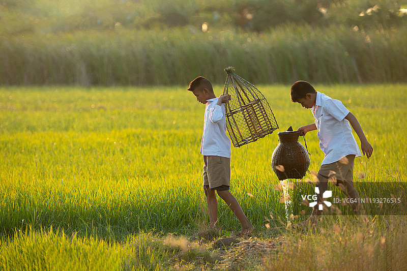 一个亚洲男孩背着渔具，在泰国乡村的稻田里散步钓鱼。生活方式保持职业美食亚洲乡村理念。图片素材