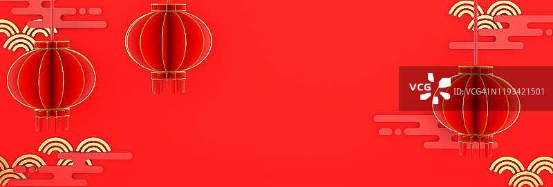 17、喜庆新春旗帜，红红的金盏花剪纸。中国节庆喜庆发菜的设计创意理念。复制空间文本宽区域。3 d渲染插图。图片素材