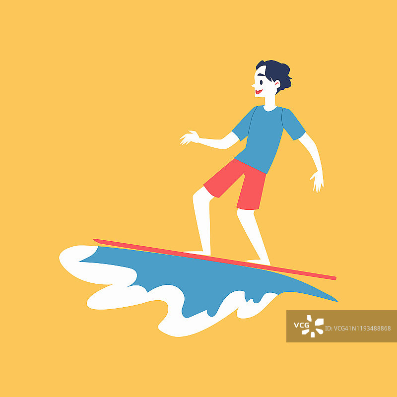 人物冲浪与海或海浪平矢量插图孤立。图片素材