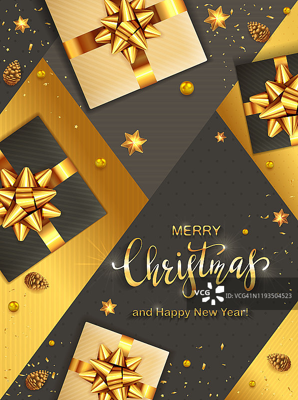 黑色和金色的圣诞背景与礼物和松果图片素材