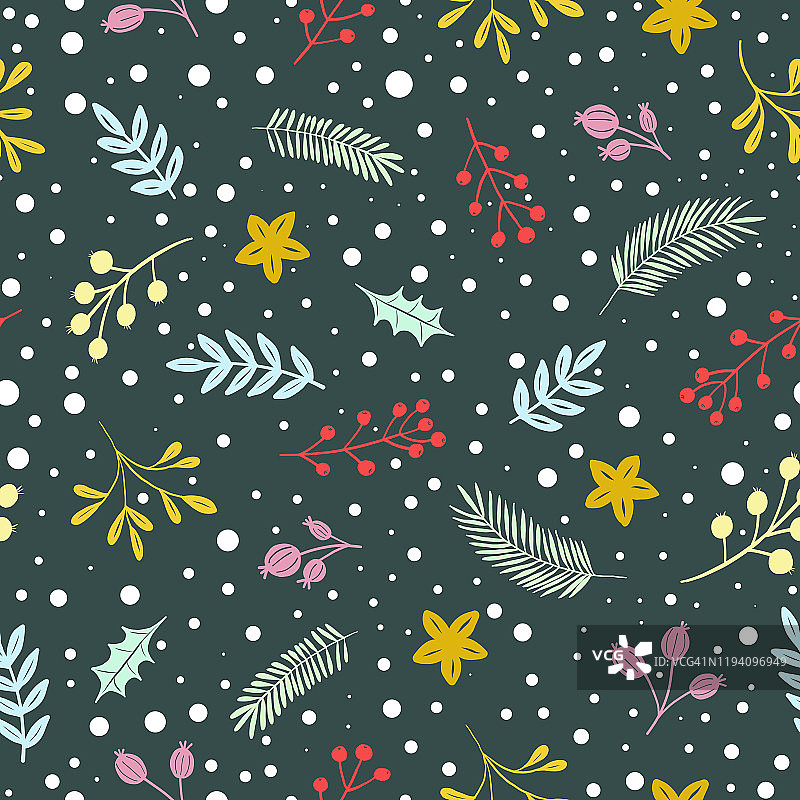 圣诞和新年花无缝图案精致的叶子和浆果在黑板背景。几何植物矢量设计背景。圣诞、新年概念、设计元素。图片素材