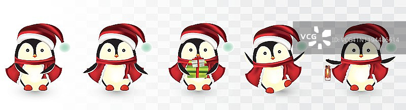 收集的圣诞企鹅孤立在透明的背景。圣诞节的字符。小企鹅。带礼物的企鹅。图标集。美丽的插图。图片素材