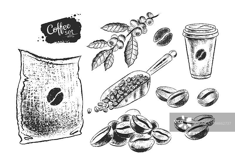 黑白插图一套咖啡豆图片素材