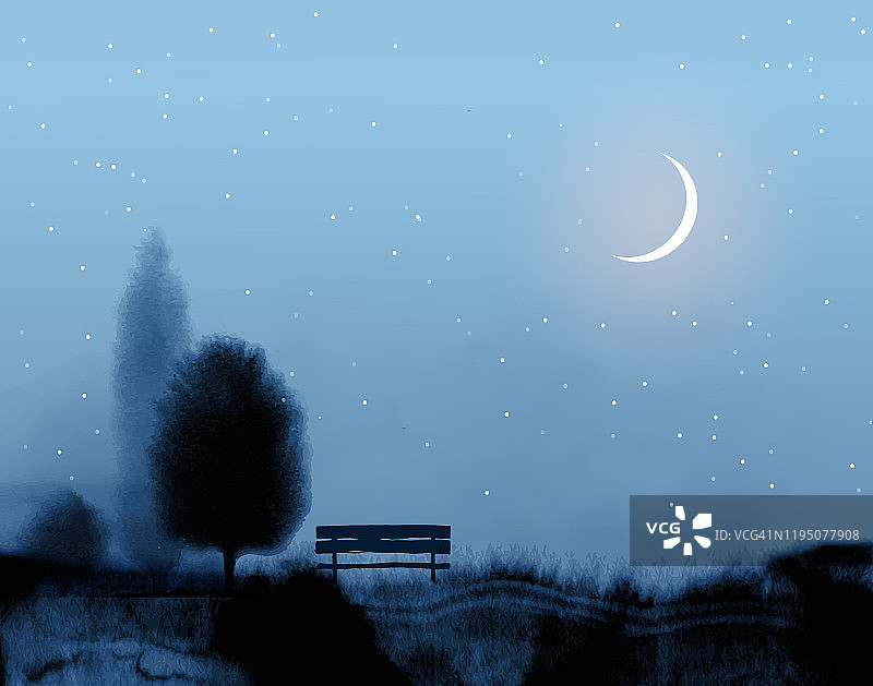 传统的日本水墨画。草地上有三棵树和一条长凳。带有星星和新月的蓝色极简主义夜景。图片素材