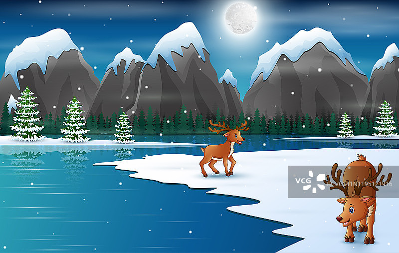 快乐的鹿卡通在冬天的季节图片素材