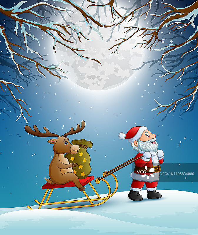 圣诞之夜，圣诞老人拉着驯鹿拉着装满礼物的雪橇图片素材