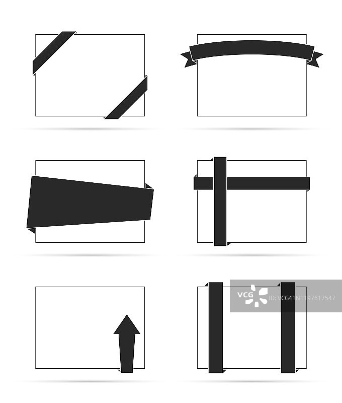 一套黑色丝带上的空白白色标签-设计元素图片素材
