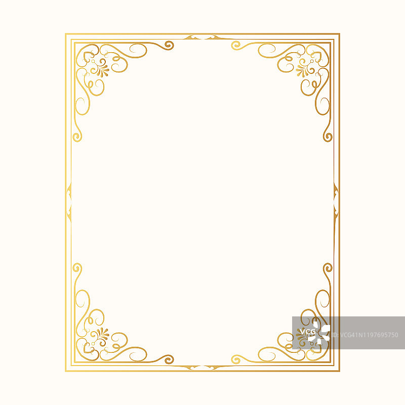 婚礼复古金矩形框架。矢量孤立黄金维多利亚边界。图片素材