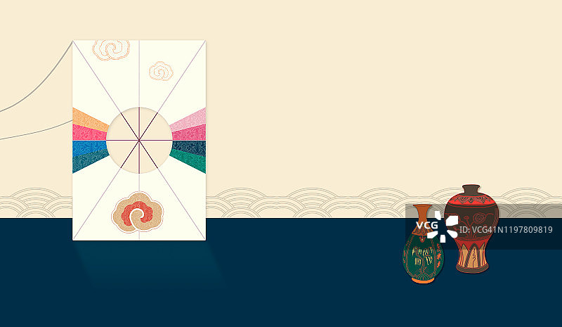 韩国传统节日背景的风筝和陶瓷与复制空间。卡框架设计。图片素材