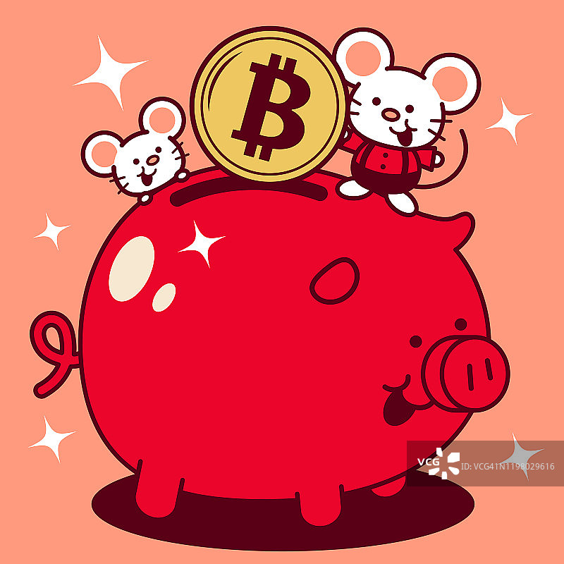 可爱的老鼠把一个大的比特币标志硬币加密货币放入储蓄罐鼠年快乐春节图片素材