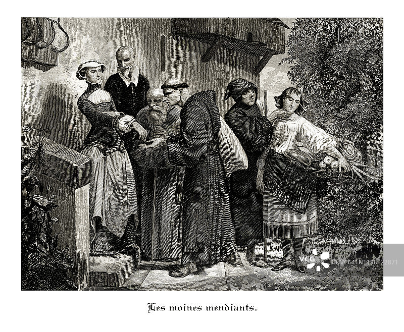 《修道院》，乞丐和尚，古法语《修道院》雕刻插图，1846年图片素材