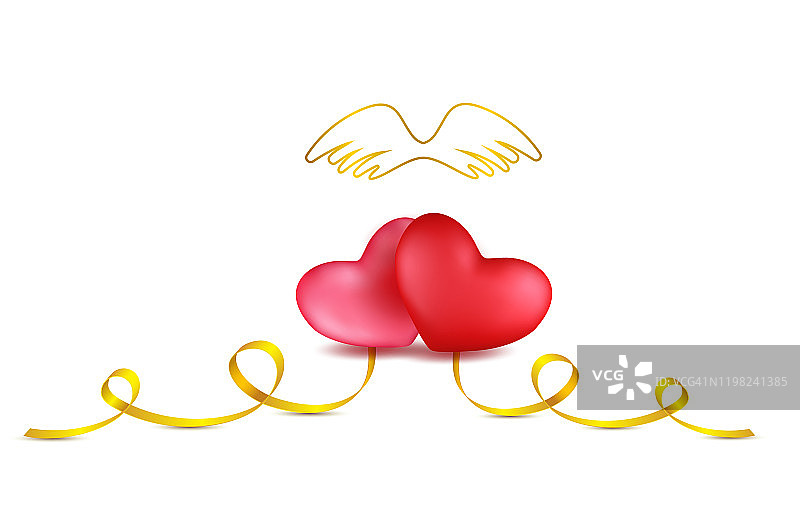 两颗粉红色和红色的心，带着金色的丝带和天使的翅膀，孤立在白色的背景上。母亲节或情人节的心形贺卡。模板设计销售横幅，海报，婚礼图片素材