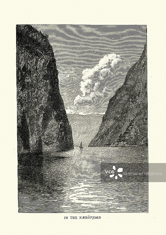 在挪威的奈洛峡湾，19世纪图片素材