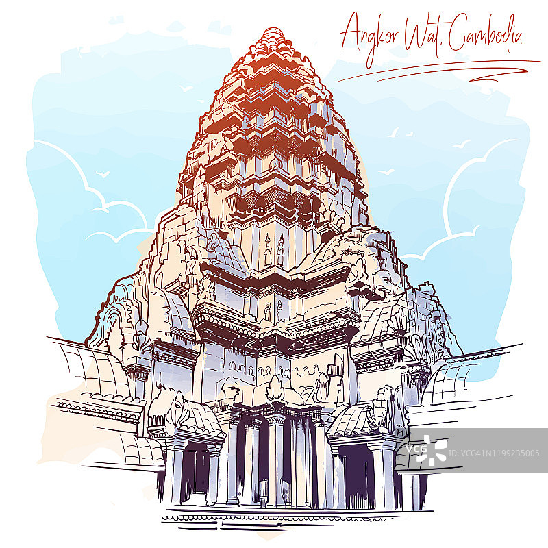 吴哥窟寺庙的中心。画素描。图片素材
