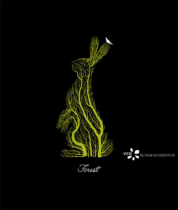 创意森林标志，拯救森林动物的想法，野兔看起来像树在黑色的背景，森林或公园的标志，向量图片素材